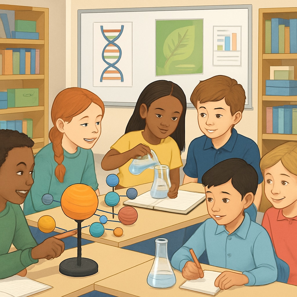 A modern elementary school classroom with diverse students working collaboratively on a science project Public elementary school students engaged in quality learning activities
