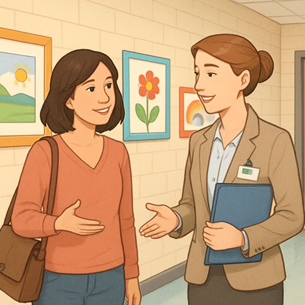 A parent and teacher having a conversation in a school hallway with student artwork visible Parent-teacher communication in public elementary school quality assessment
