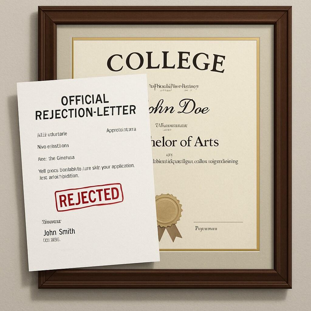 Official rejection letter placed over a framed college diploma, showing contradictory credential evaluation Educational discrimination in Arizona employment barriers