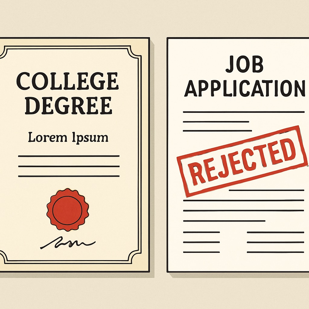 Close-up view comparing a college degree certificate with a rejected job application Credential requirements creating employment barriers