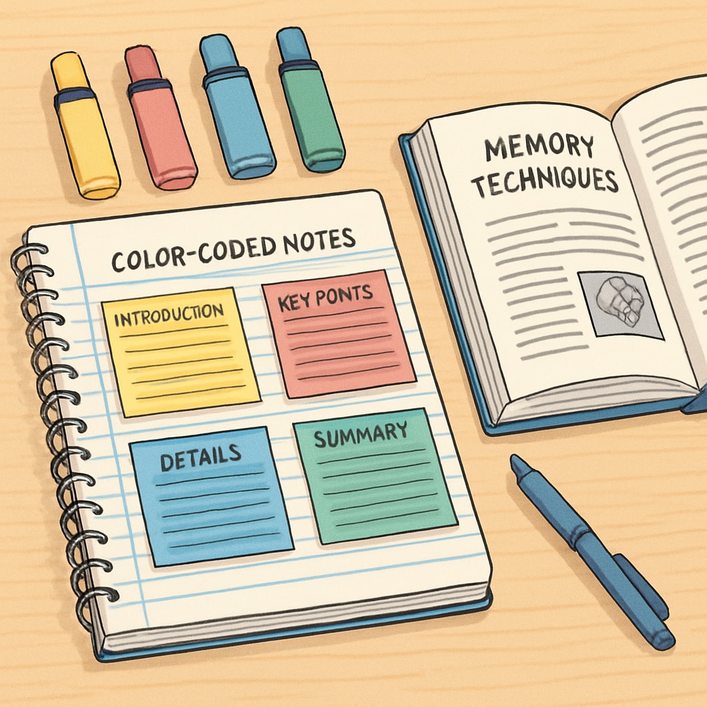 Close-up of a student's desk with color-coded notes, highlighters, and an open book about memory techniques Visual learning tools for better information retention among teenagers