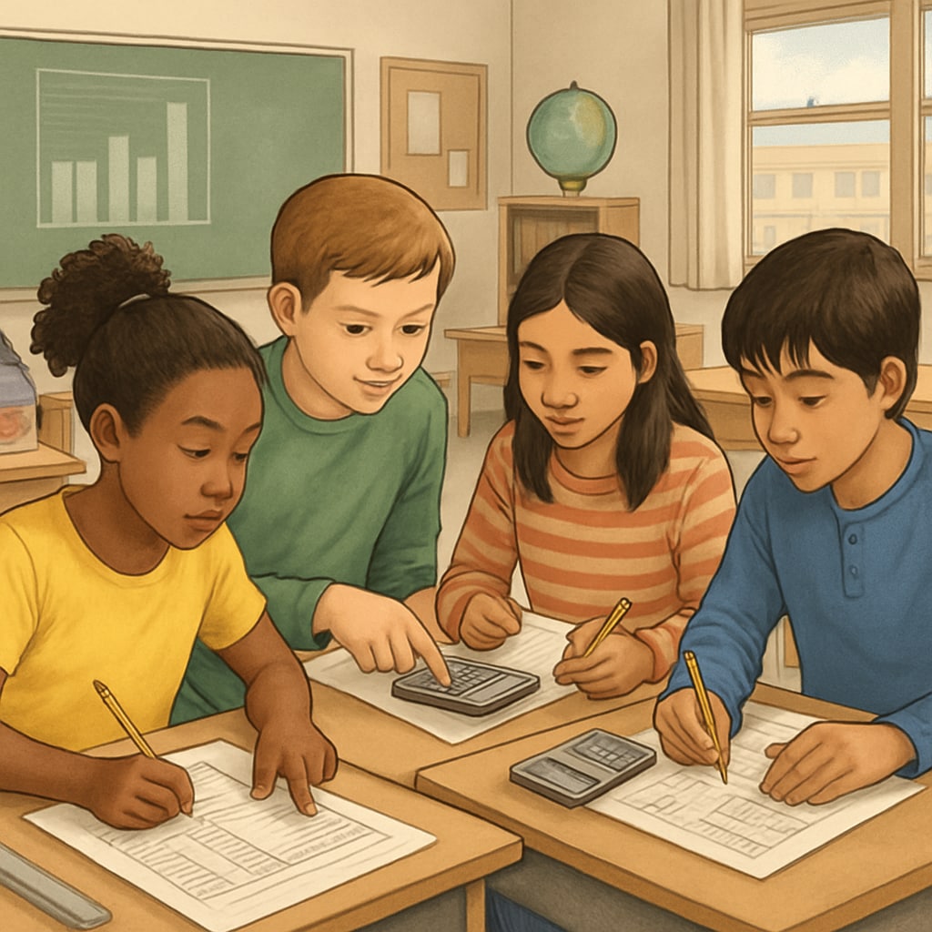 Middle school classroom with diverse students engaged in financial literacy activity, using worksheets and calculators to solve practical money problems. Students learning financial education as part of school curriculum life skills program