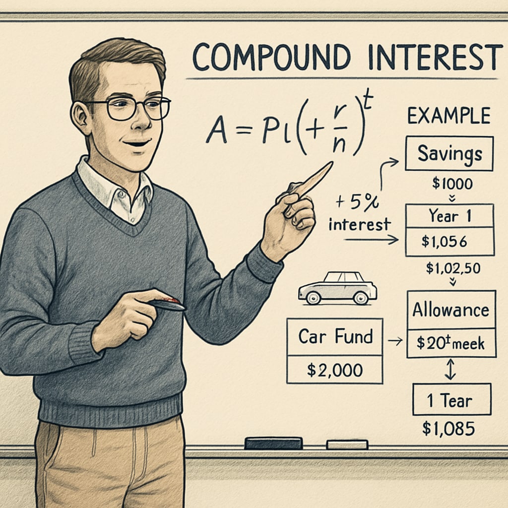 High school teacher at whiteboard explaining compound interest concept using visual diagrams and examples relevant to teen life. Financial education demonstration in school curriculum teaching essential life skills