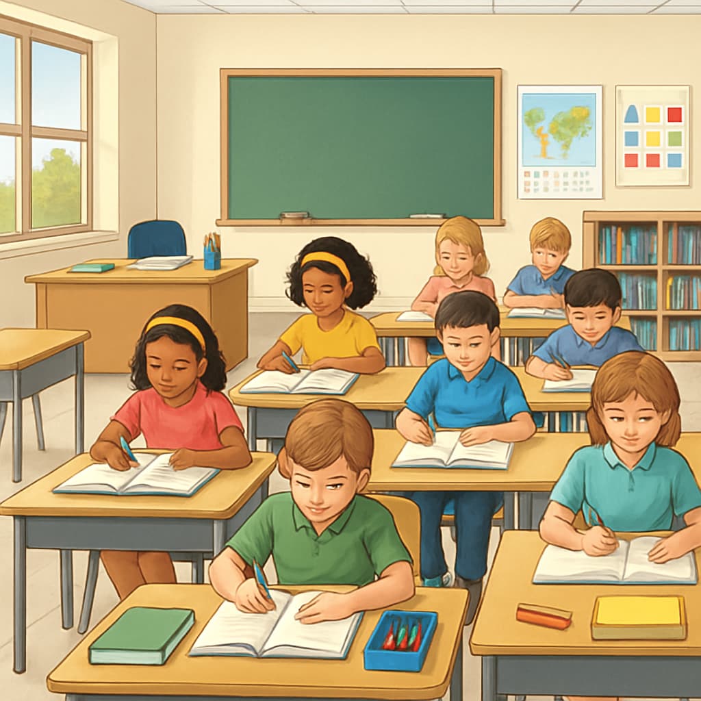 A well-organized classroom with students working quietly at their desks, demonstrating ideal learning environment Calm public school classroom supporting student learning