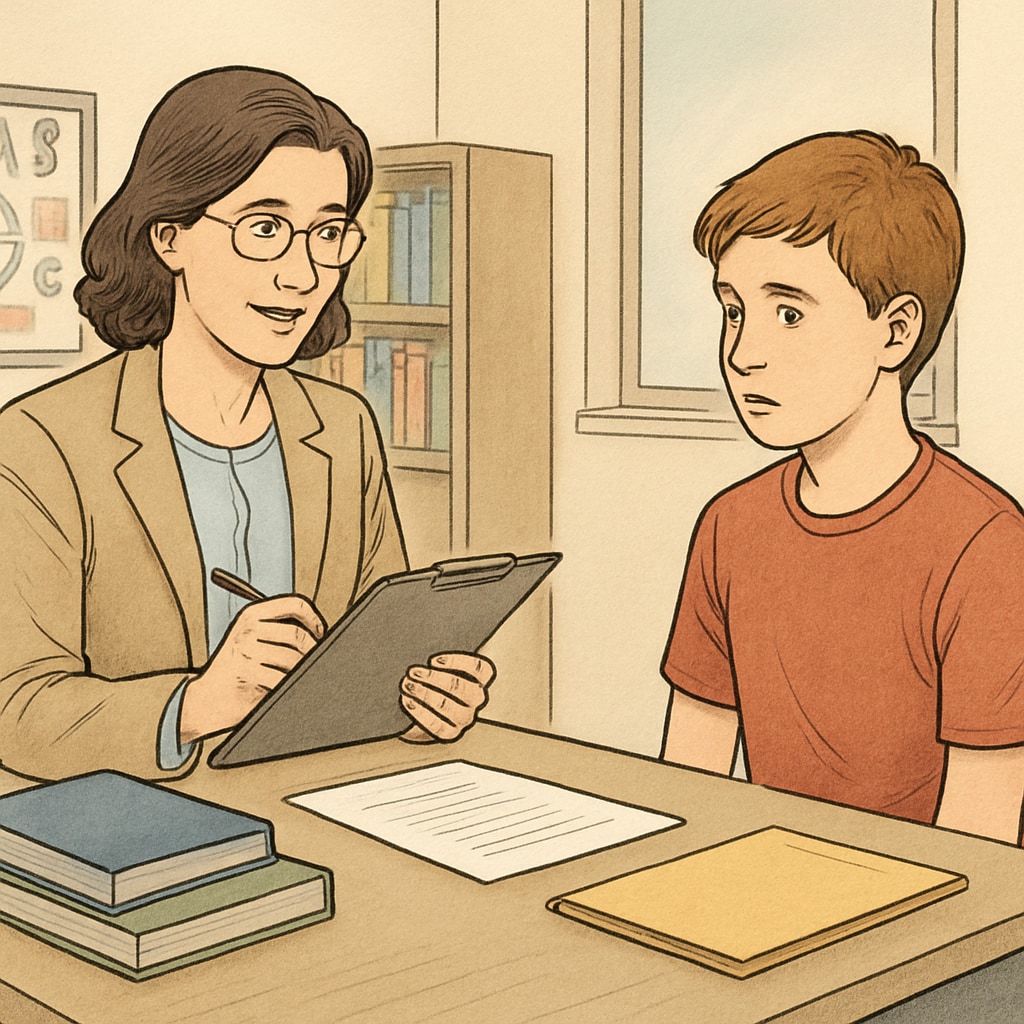 A trained professional conducting a behavioral assessment session with a student in a school office School psychologist providing behavioral intervention