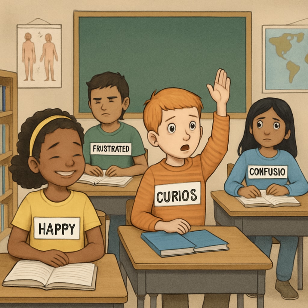 A classroom scene showing diverse students with varied emotional expressions, highlighting the impact of labeling Education system labeling pressure in classroom setting
