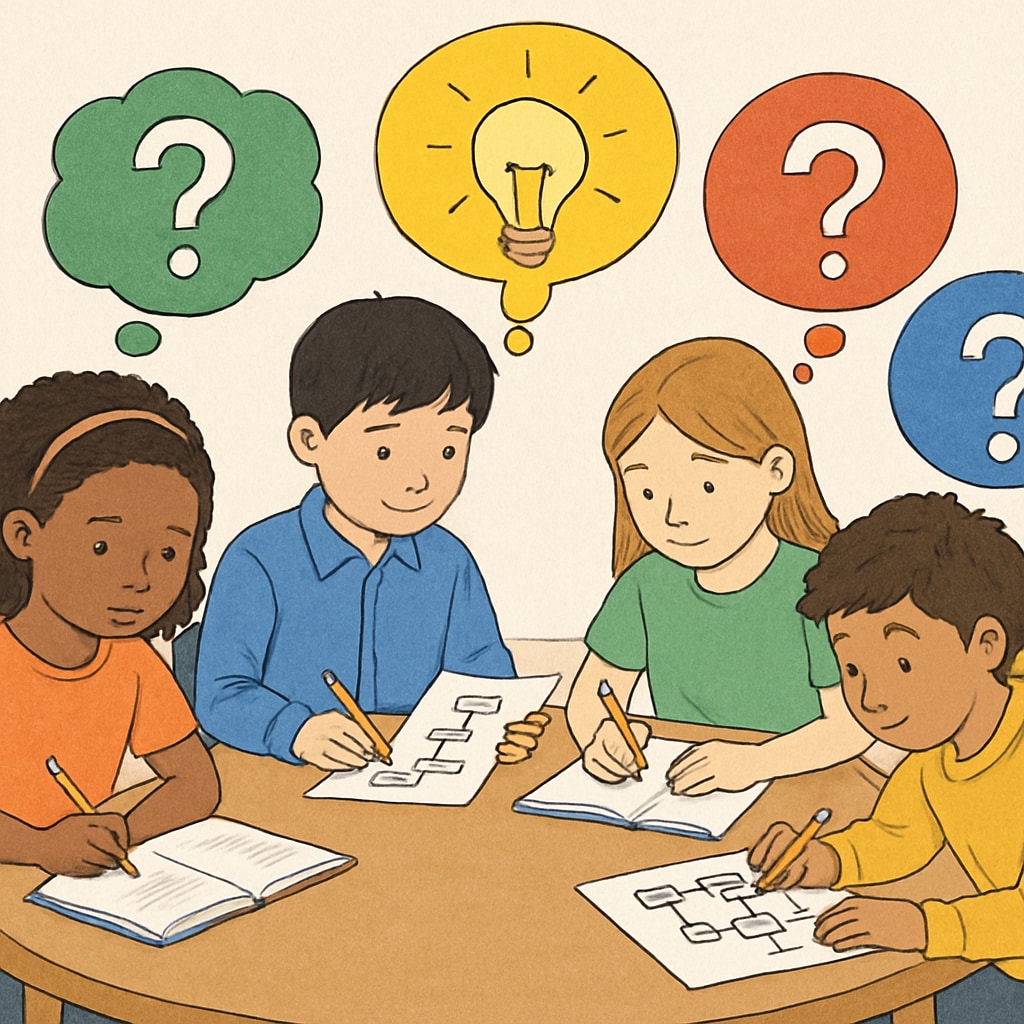 Diverse group of elementary students working together at a round table, with colorful thought bubbles above their heads showing different problem-solving approaches like question marks, lightbulbs, and flowchart symbols. Students developing critical thinking skills through collaborative learning