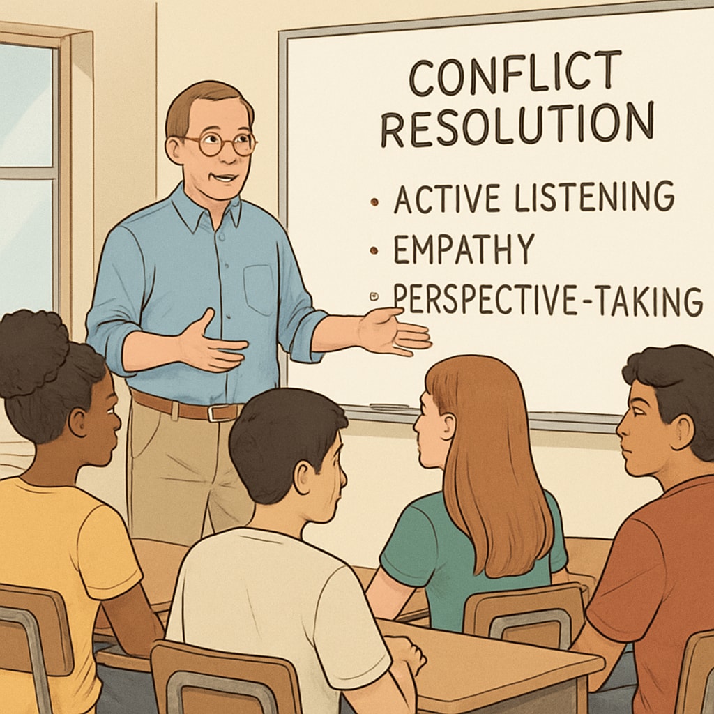 Middle-aged teacher facilitating a conflict resolution exercise with diverse high school students, using a whiteboard with emotional intelligence terms like Character education through emotional intelligence development