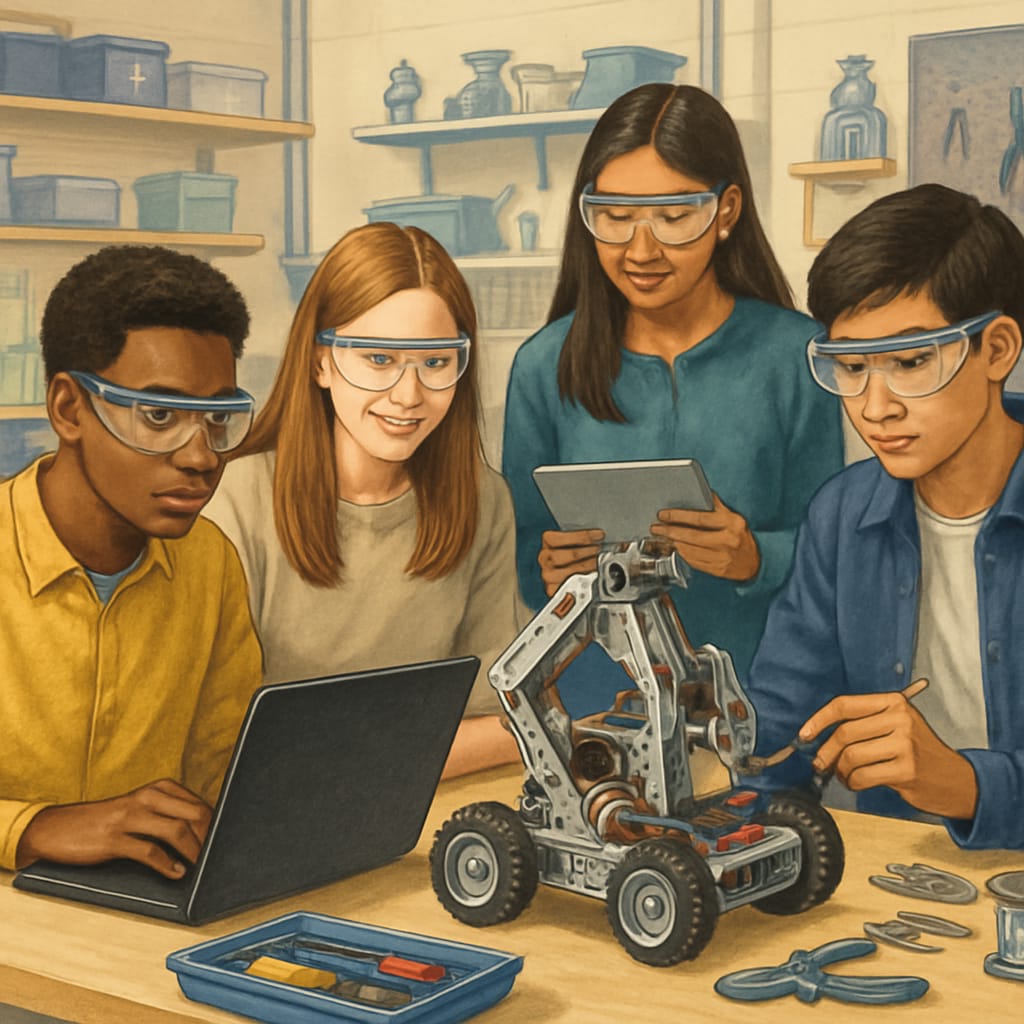 Diverse group of high school students working together on a robotics project in well-equipped STEM laboratory, wearing safety goggles and using computers High school STEM education in modern lab setting
