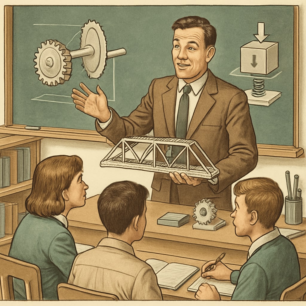 Enthusiastic teacher demonstrating engineering principles using 3D models to engaged high school students in classroom STEM teaching in high school curriculum