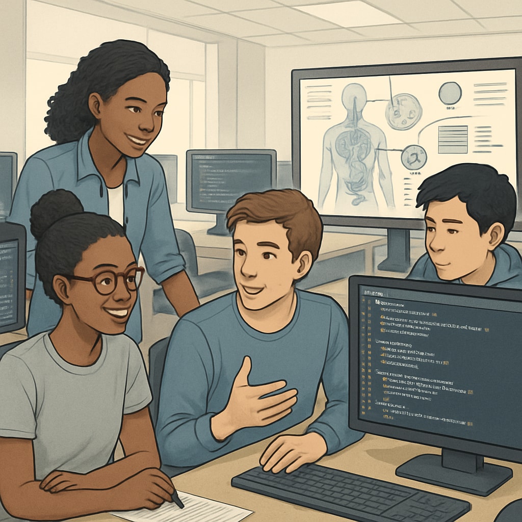 A diverse group of students working in a modern computer lab with multiple screens showing code and biomedical simulations STEM students comparing computer science and biomedical engineering career paths