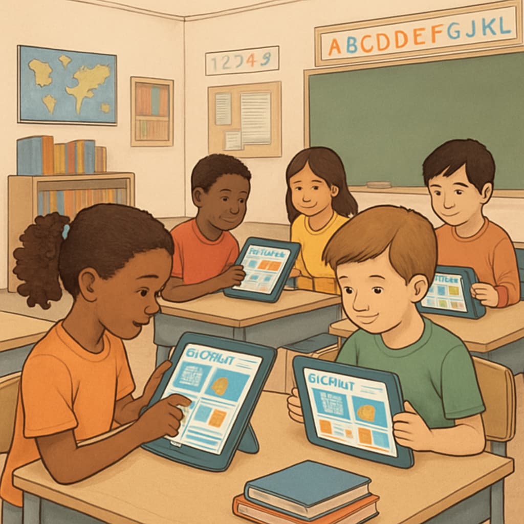 Diverse group of elementary students using tablets with Gurwi's colorful interface visible on screens Students using education app for interactive learning with multilingual support
