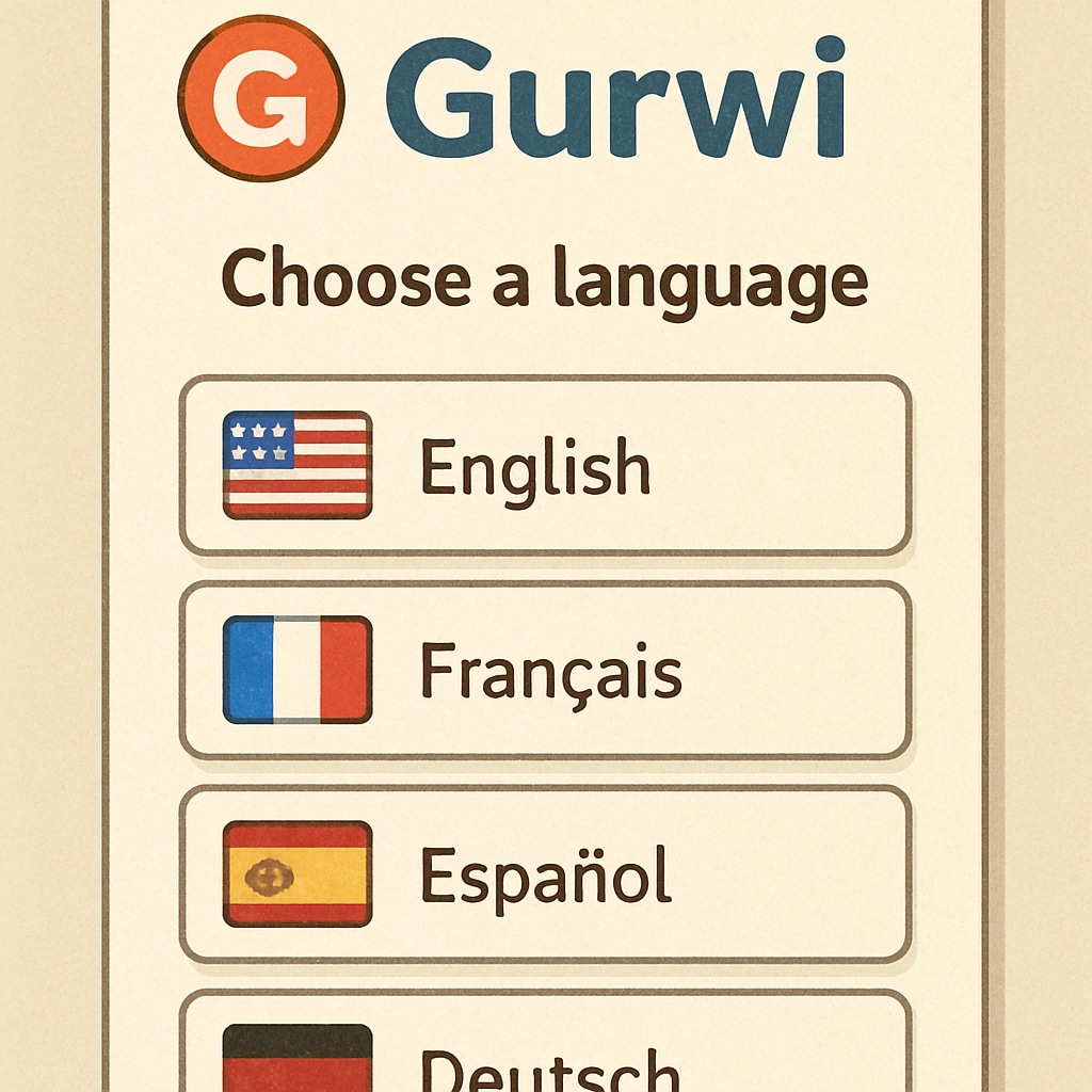 Gurwi app interface showing language selection menu with four flag icons Multilingual support in education app interface