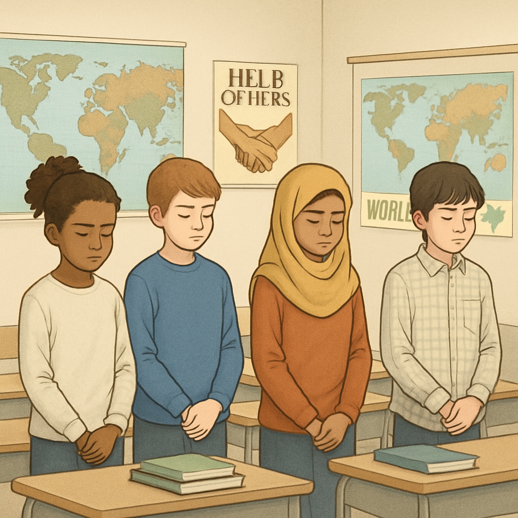 Diverse middle school students observing a moment of silence in a classroom, with world maps and humanitarian posters visible on walls Gaza mourning education in classroom setting