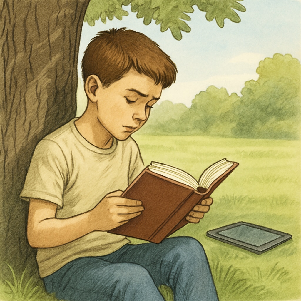 A 10-year-old boy reading a hardcover book under a tree, with an untouched tablet visible in the background Child engaging in traditional reading to prevent technology addiction