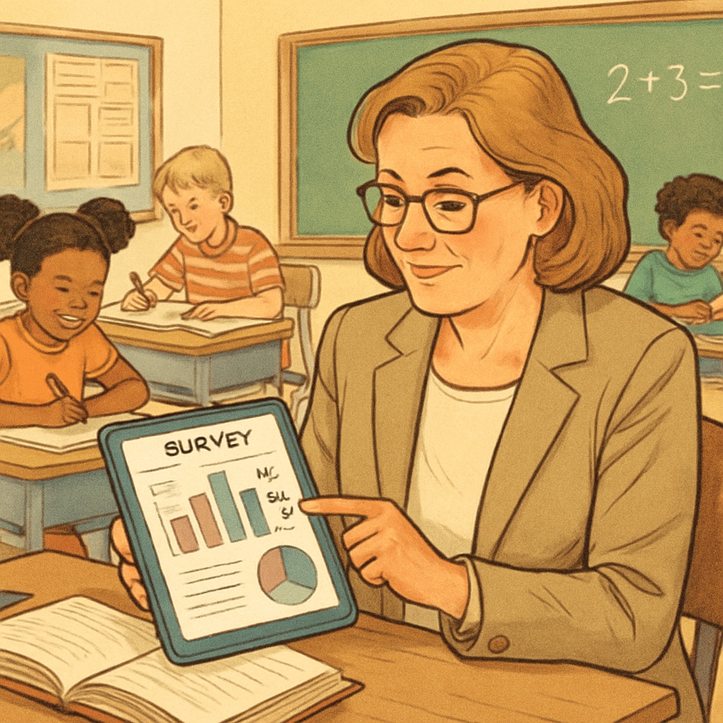 Teacher reviewing education survey results with students