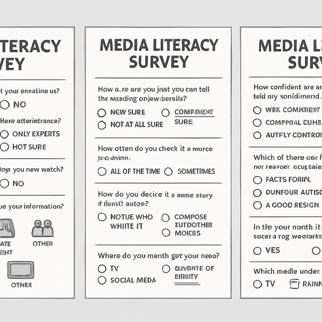 Side-by-side comparison of media literacy survey examples for different grade levels (elementary, middle, high school) Age-appropriate media studies questionnaire examples