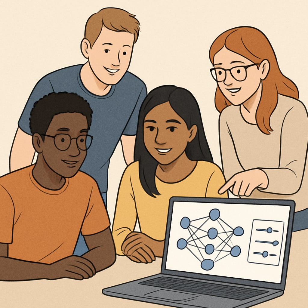 Students collaborating on resource-efficient AI teaching project