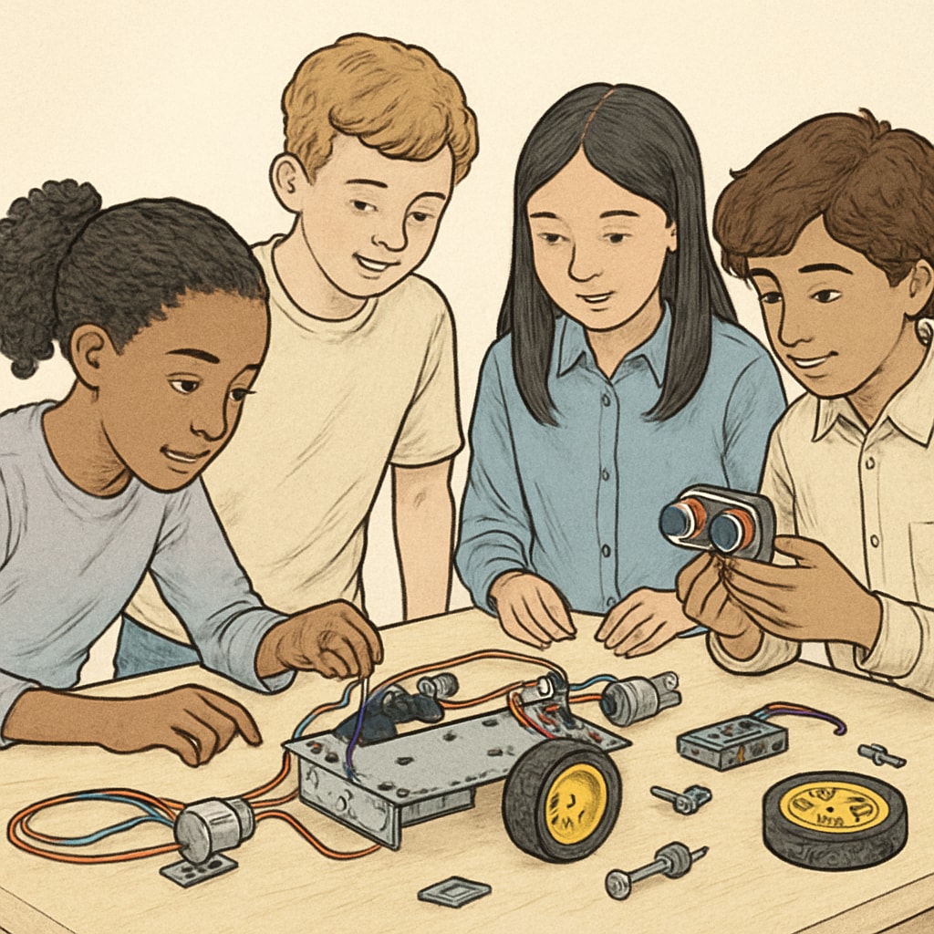 Beginner robotics course students learning with hands-on kit