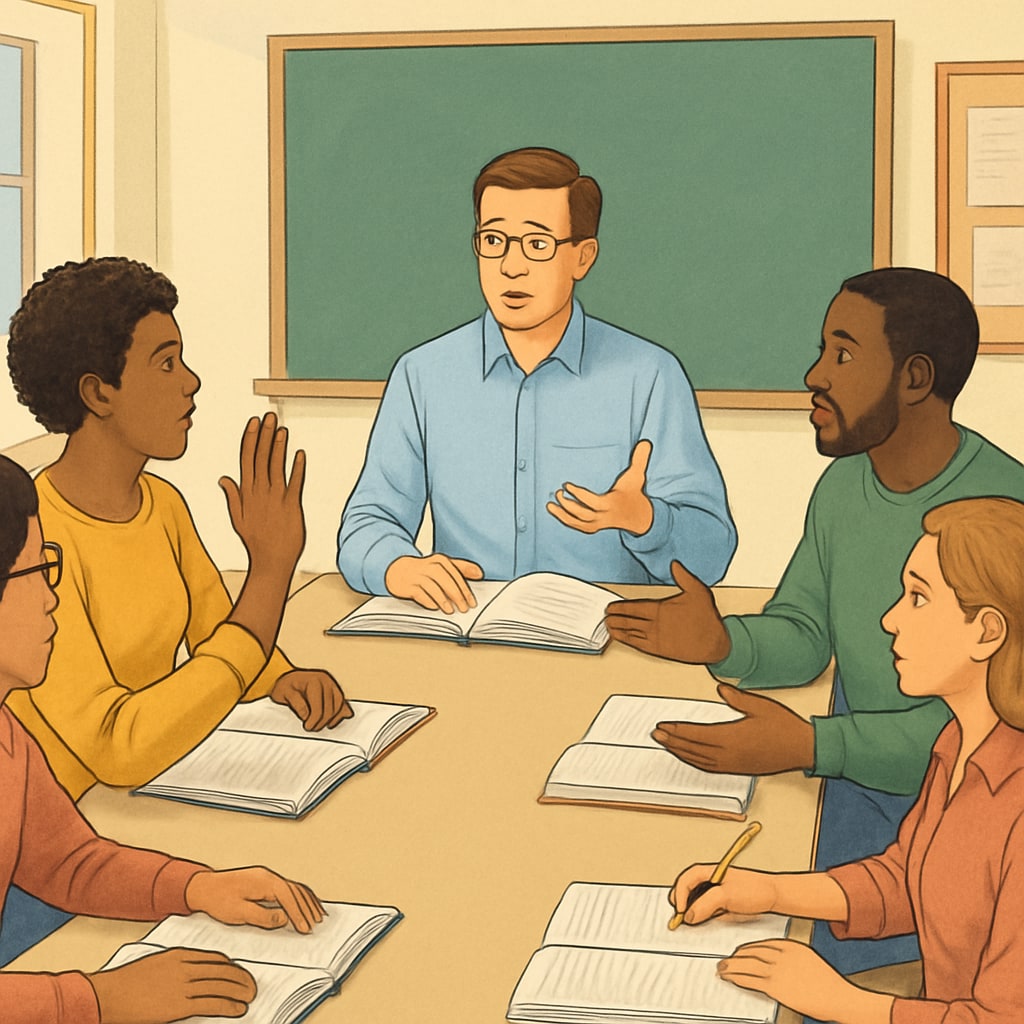 Diverse group of adult students engaged in classroom discussion with instructor Adult learners participating in formal schooling environment