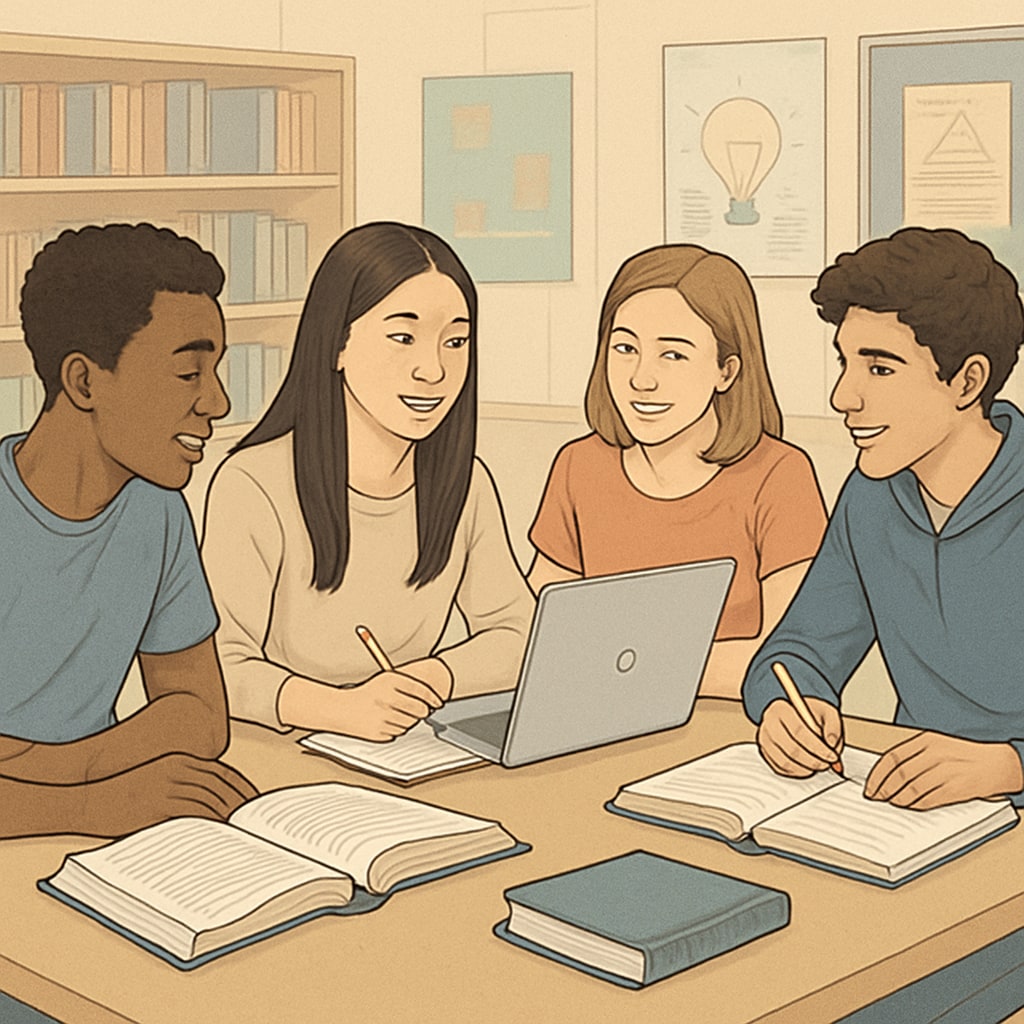 Students engaged in post-class academic discussion about motivation theory and reflection