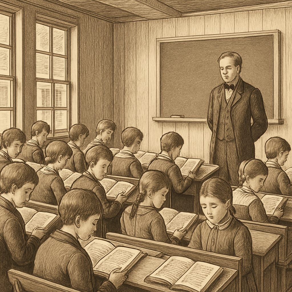 Industrial-era classroom demonstrating standardized education replacing classical models