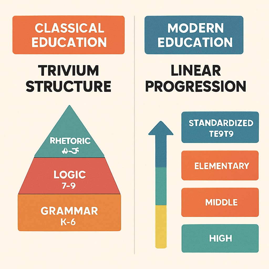 Visual comparison between classical and contemporary educational structures