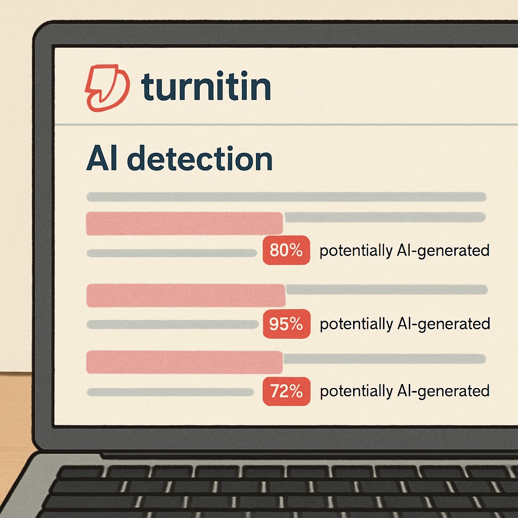 Close-up of a laptop screen displaying Turnitin's AI detection interface with highlighted text segments marked as potentially AI-generated, showing confidence percentages. AI检测器,学术诚信,false positive example in plagiarism detection software