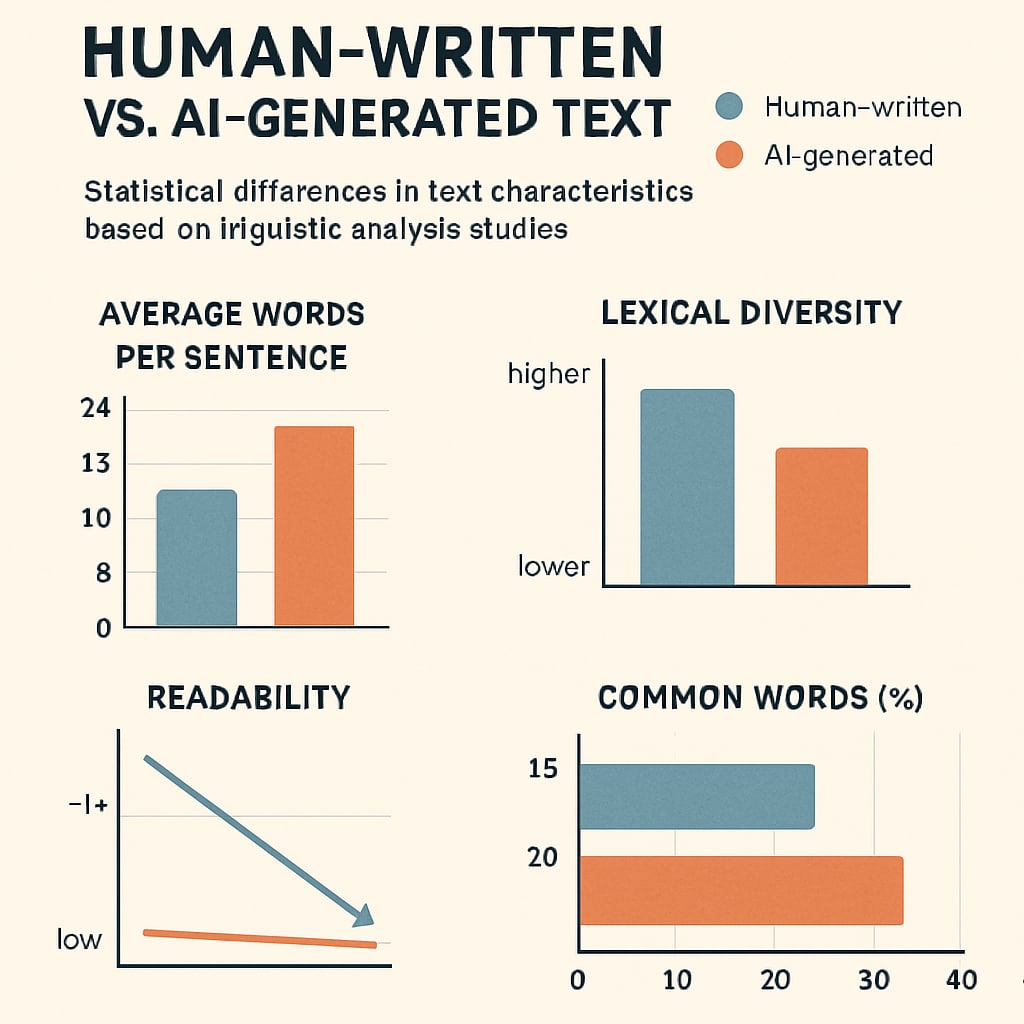 Comparative infographic showing statistical differences between human-written and AI-generated text characteristics based on linguistic analysis studies. Visualizing AI detection challenges for academic integrity