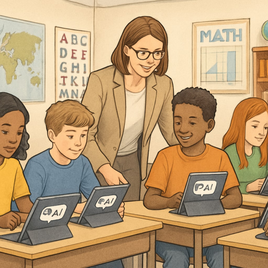AI education tools in classroom setting showing 人工智能教育,科技公司影响,学校AI应用