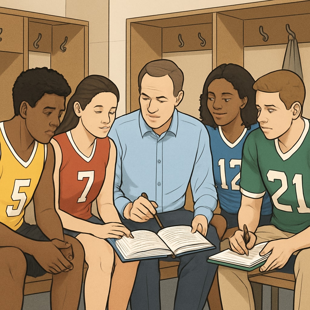 A diverse group of college athletes in jerseys sitting with their coach, reviewing academic materials in a locker room setting. Sports team discussing academic integrity and AI cheating prevention