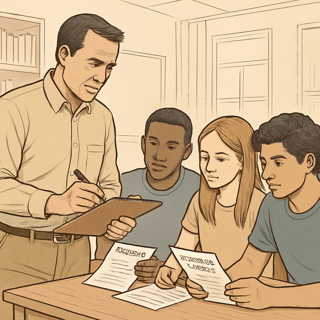 A focused coach holding a clipboard while meeting with student-athletes in a study hall, examining progress reports. Coach monitoring academic performance to prevent AI cheating in sports