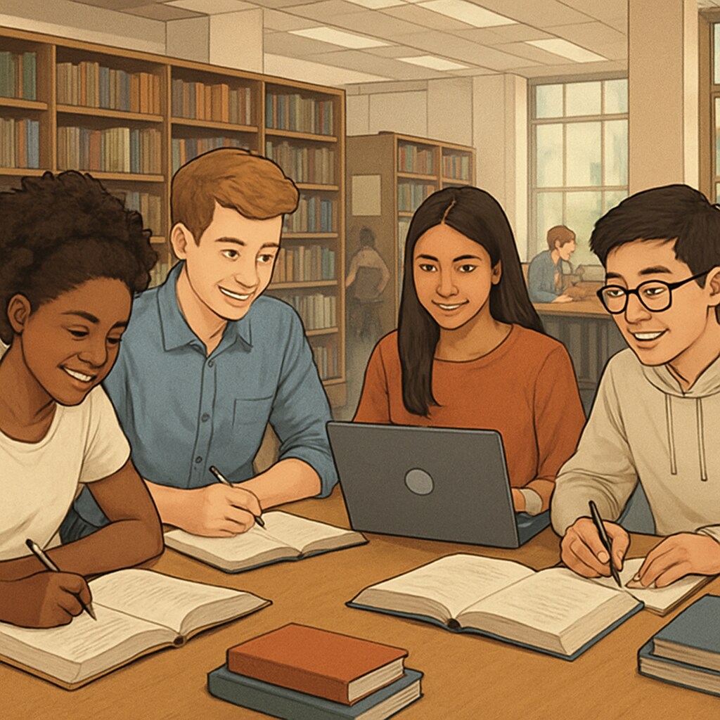 High school students in college library exploring grade acceleration options