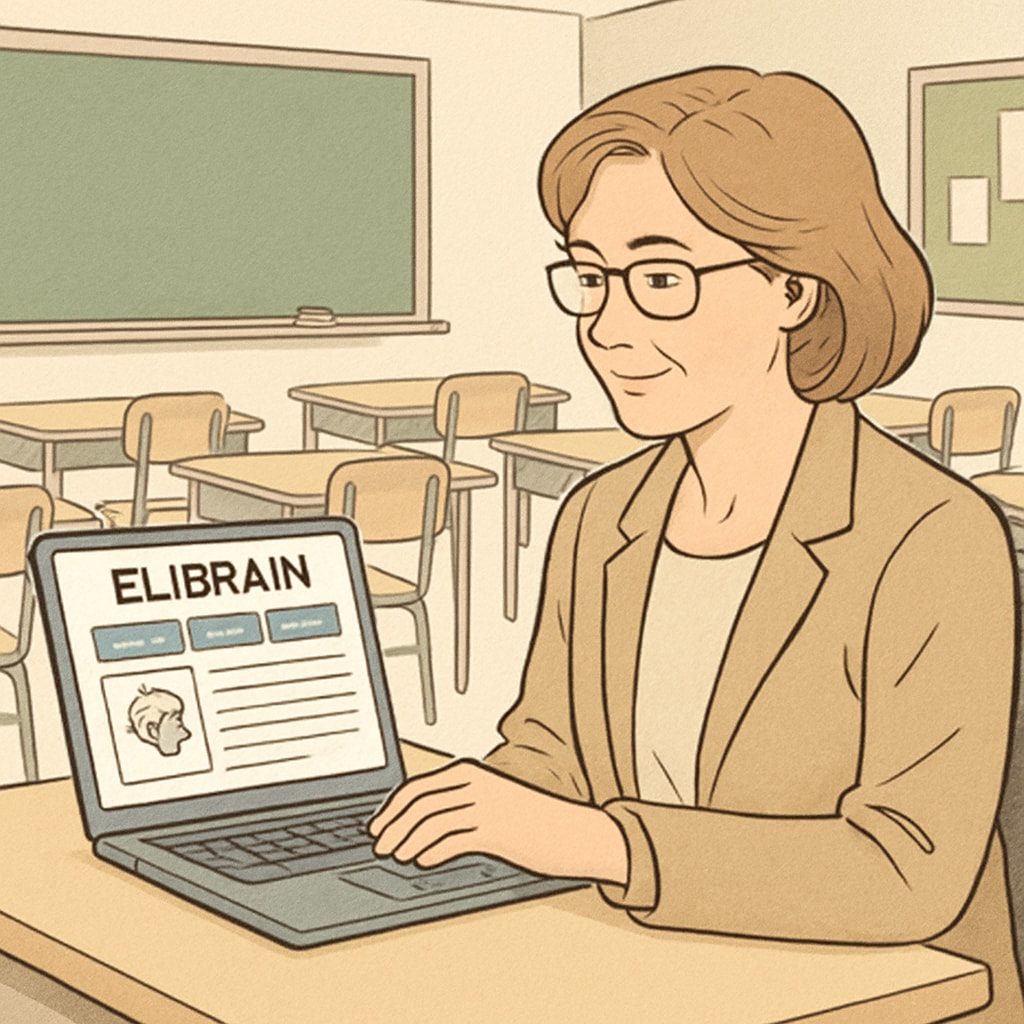 A middle-aged female teacher evaluating the elibrain education platform on her laptop in a classroom setting, with student desks visible in the background Teacher reviewing elibrain education tool features