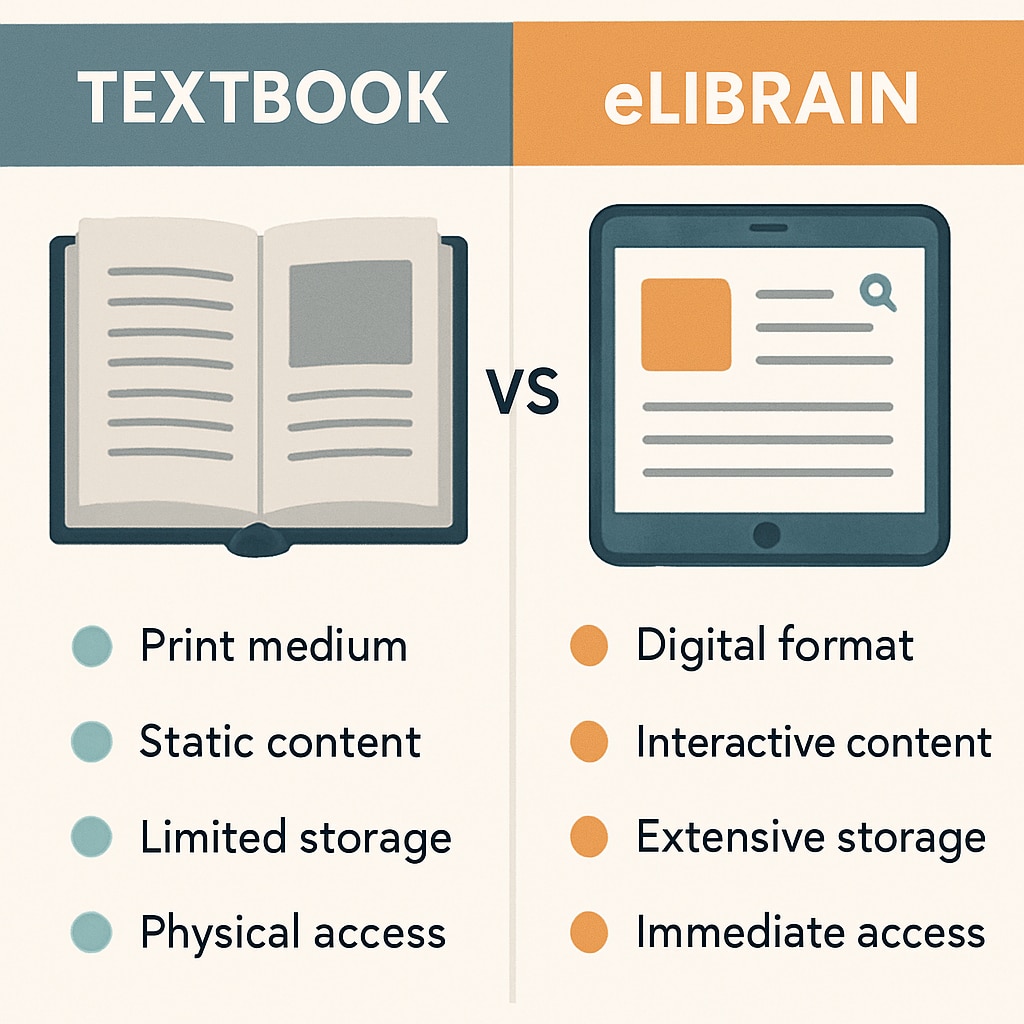 Comparison infographic showing traditional textbooks on the left and the elibrain digital interface on the right, highlighting key differences Traditional vs digital teaching with elibrain platform
