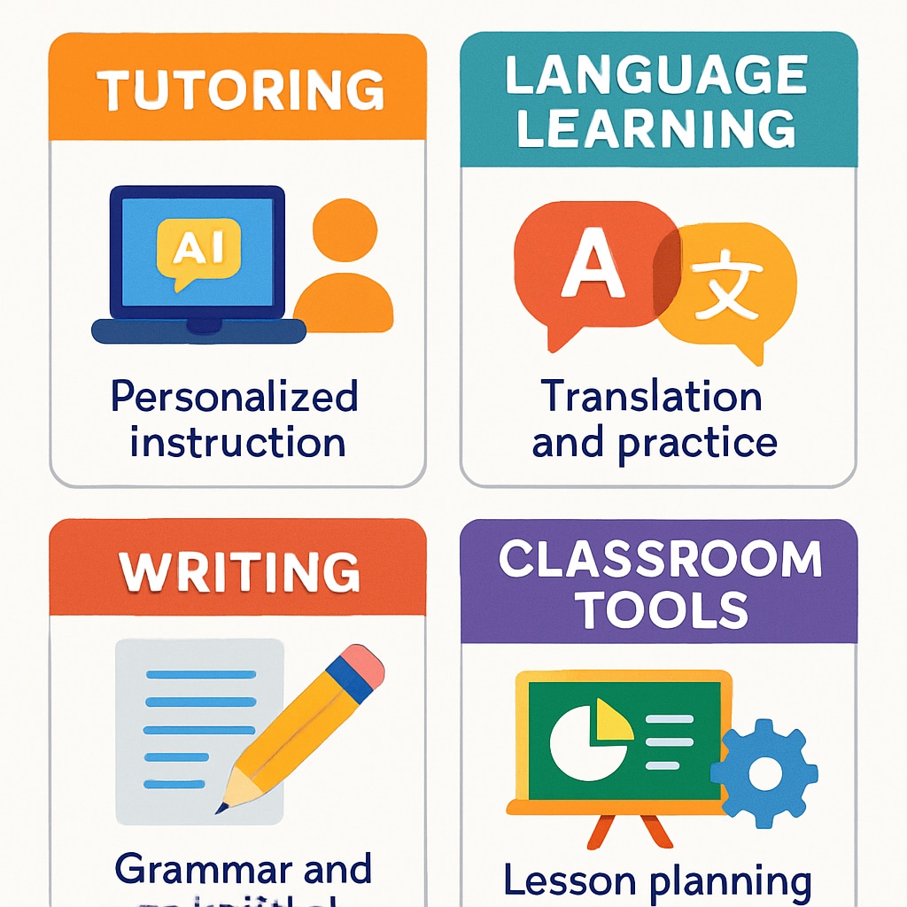Colorful infographic comparing different categories of AI education tools with icons and brief descriptions Comparison of AI teaching aids for different classroom needs