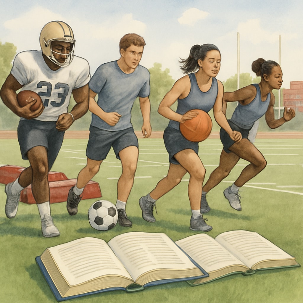 Diverse group of college athletes training on football field with textbooks visible in foreground NCAA student-athletes balancing sports and academics