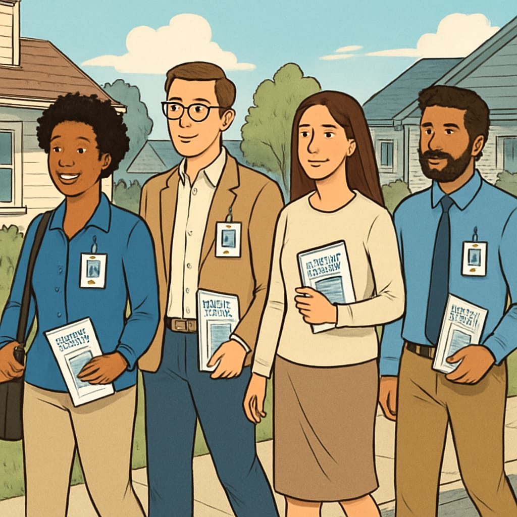 Charter school teachers conducting community outreach for enrollment