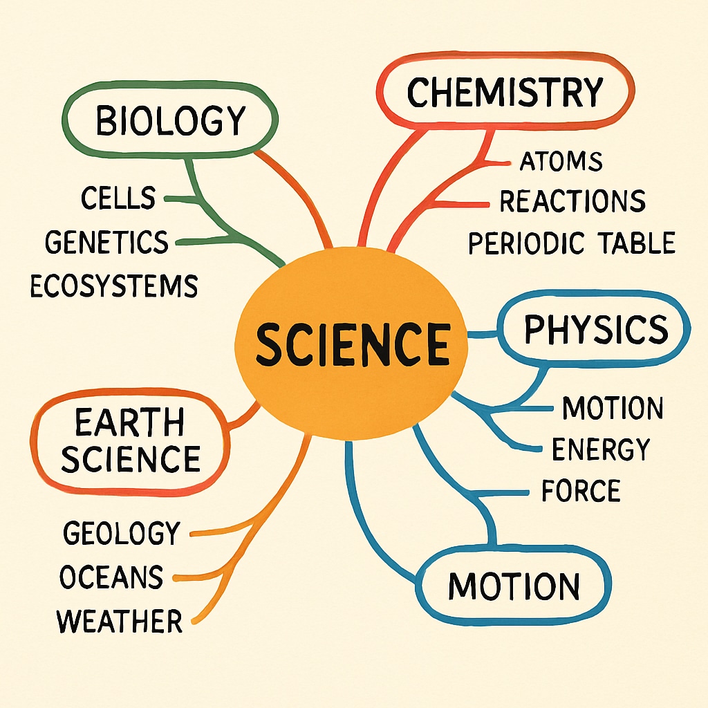 Digital mind map with colorful branches connecting central science topics to subtopics, showing relationships between concepts Educational tools visualization content learning aids example for science students