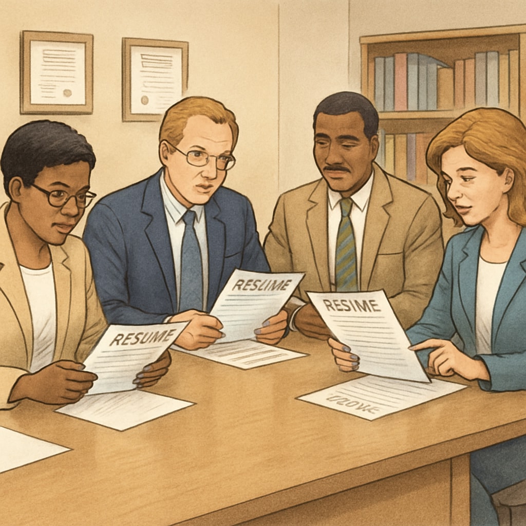 Private school recruitment team evaluating teaching candidates