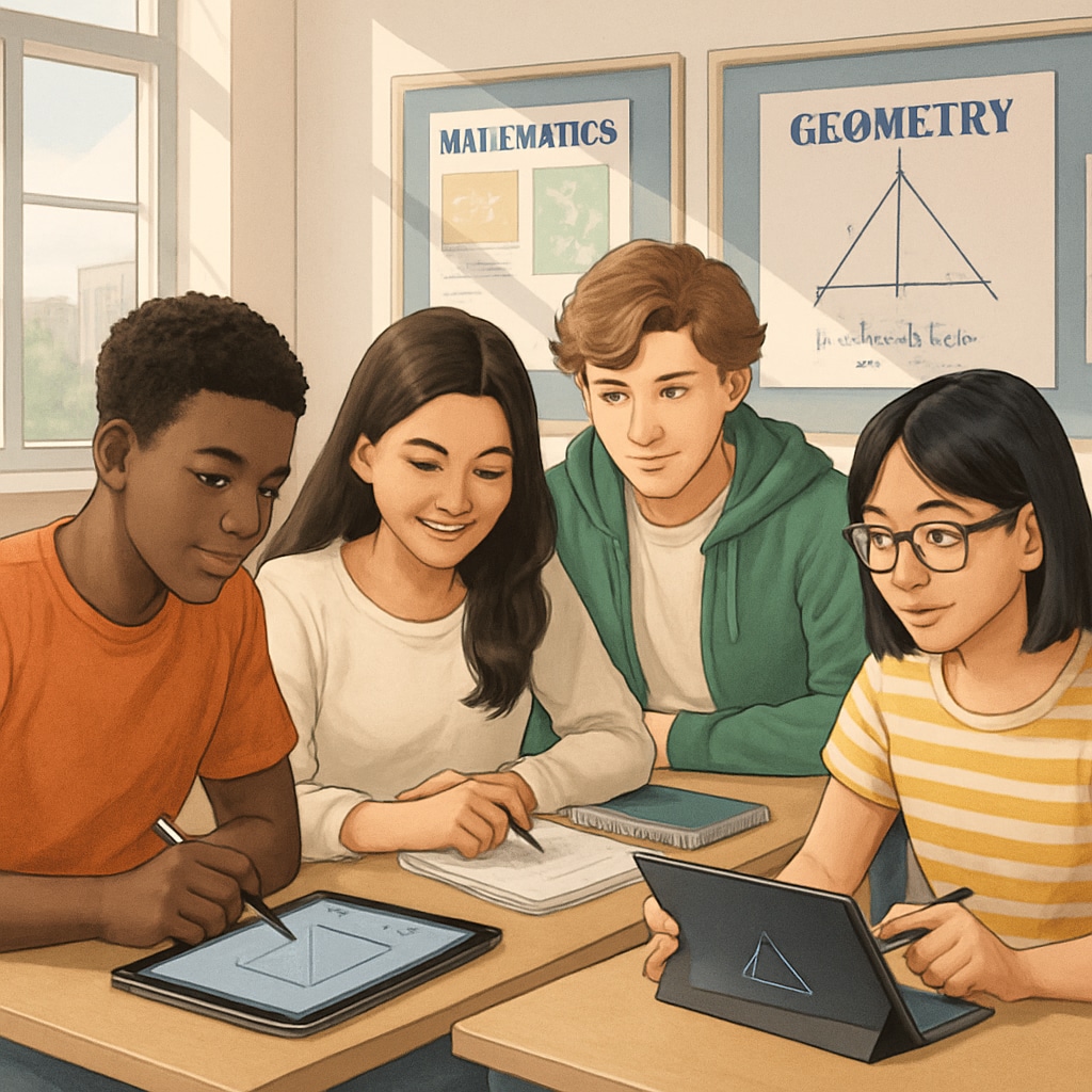 Diverse group of high school students collaborating on geometry problems using digital tablets in a modern classroom setting Students using geometry applications in US high school classroom