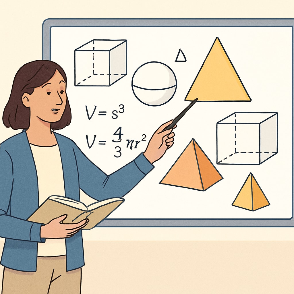 Teacher demonstrating geometric principles on interactive whiteboard with 3D shapes visible Digital geometry instruction in American high school