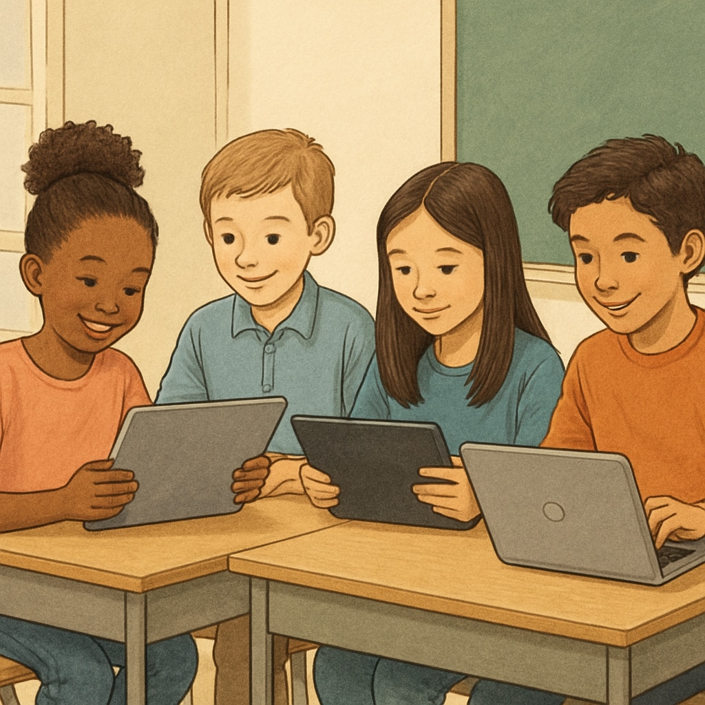 Diverse group of K12 students using digital devices to collaborate in an online study session Students participating in digital study groups via Discord and WhatsApp