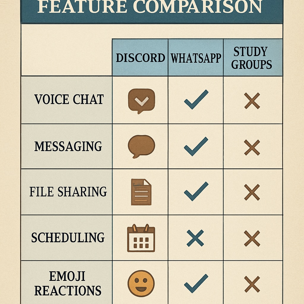 Feature comparison chart showing Discord, WhatsApp, and traditional study group capabilities Platform comparison for study group communities