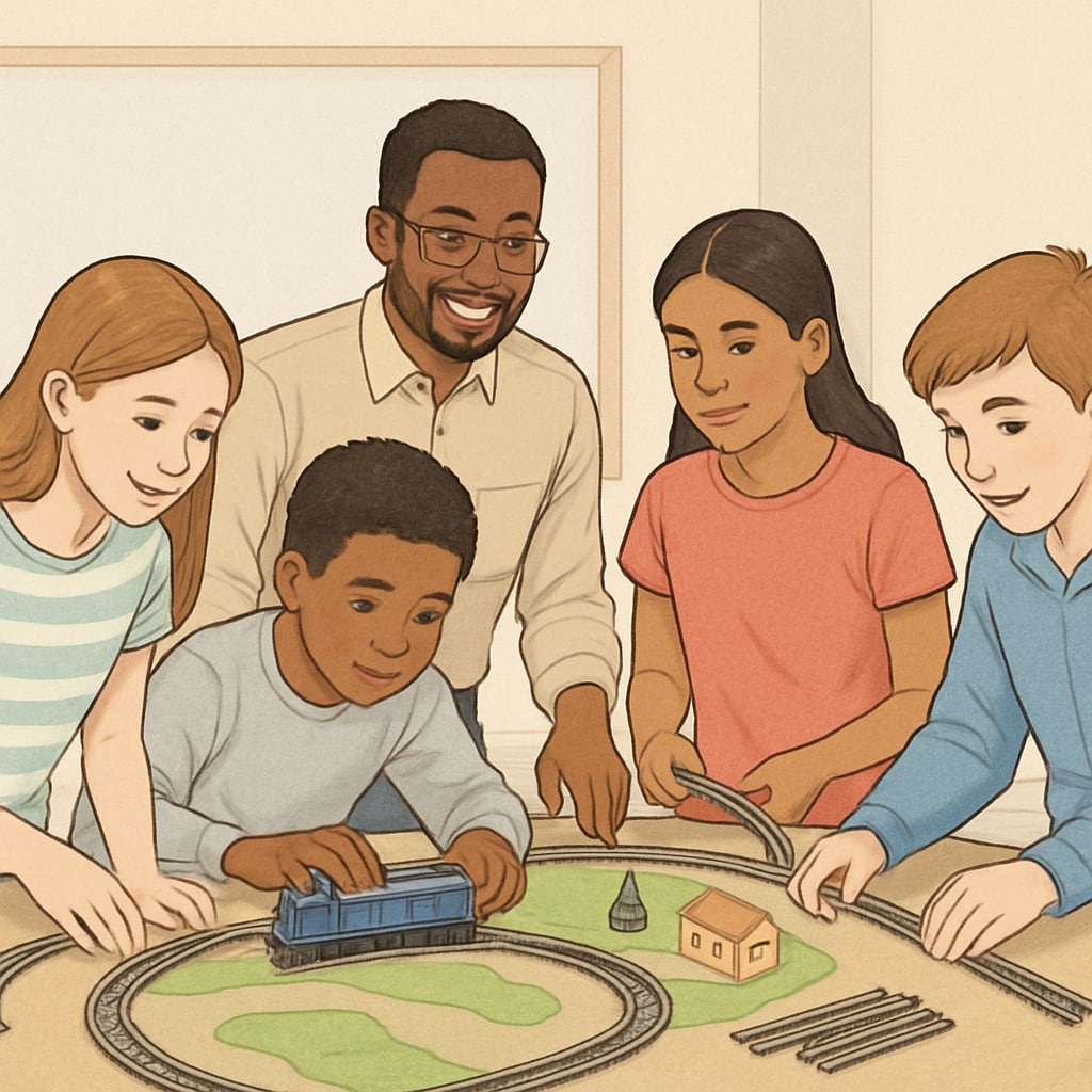 Diverse group of middle school students assembling a scale model railway with instructor guidance K12 students learning railway engineering concepts
