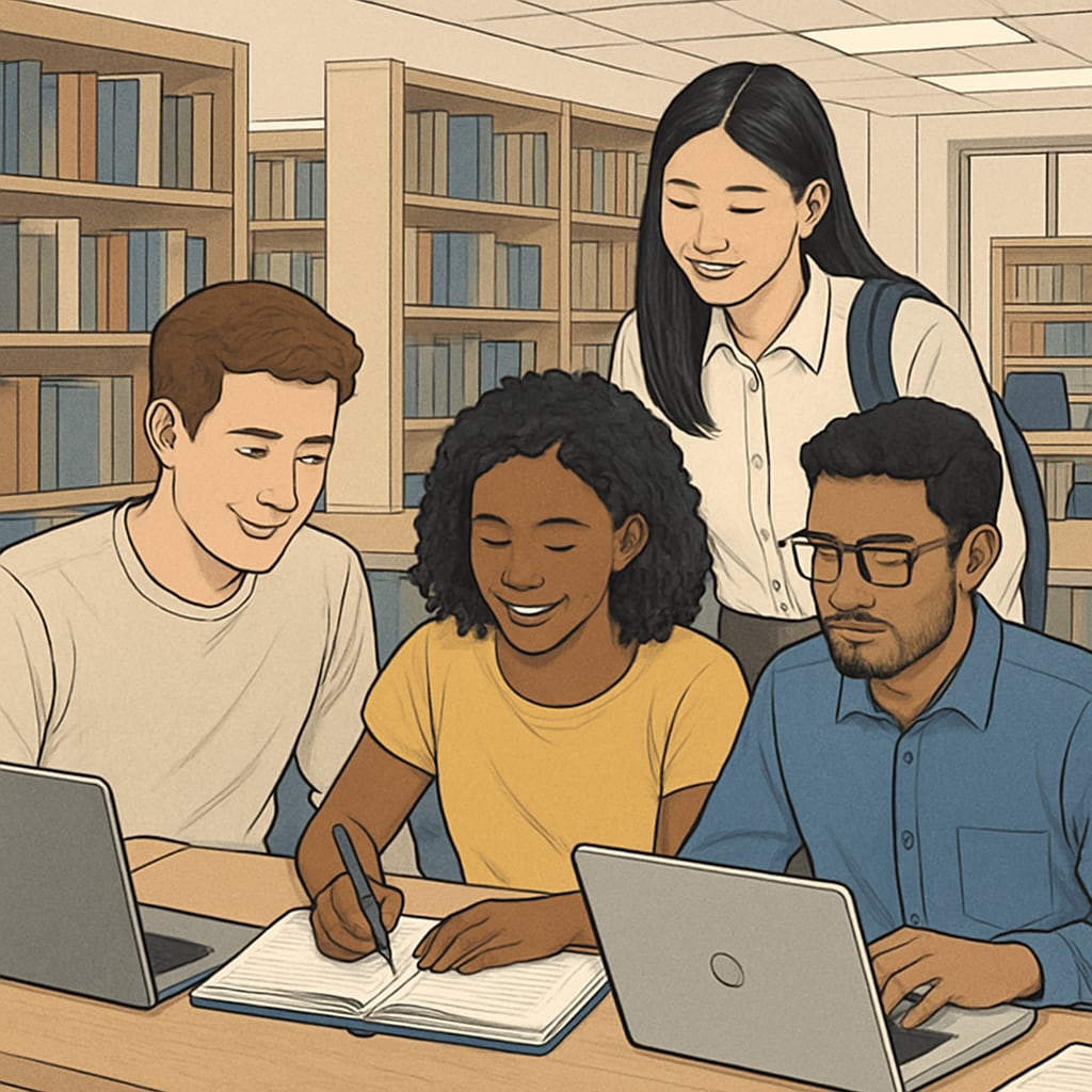 Diverse group of college students studying together in a modern library setting Asylum-pending students accessing college financial aid resources