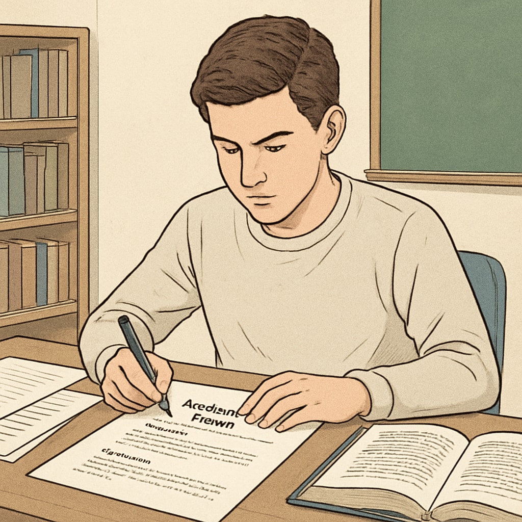 A focused high school student writing an academic report at a desk, showing proper formatting with clear section headings and citations High school student practicing academic report writing techniques