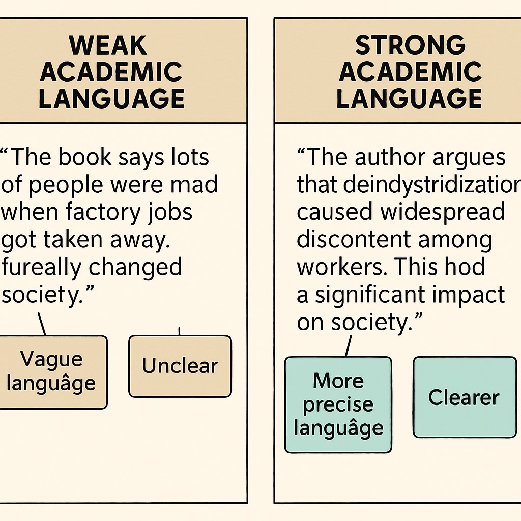 Comparison of two writing samples showing weak versus strong academic language with annotations highlighting improvements Academic writing improvement examples for students