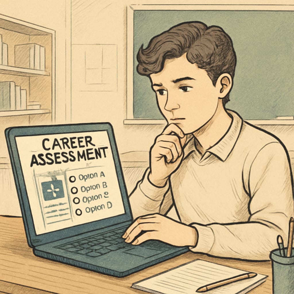 Teenage student using digital career assessment platform on laptop with thoughtful expression Young person exploring career options online