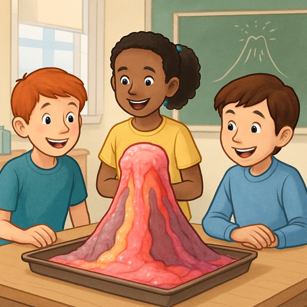 Colorful baking soda volcano eruption with smiling children observing Kids conducting baking soda volcano home science experiment